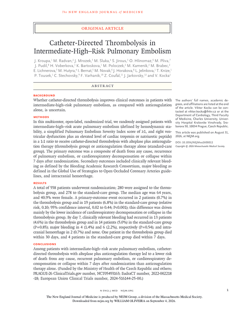 CATHETER-DIRECTED THROMBOLYSIS IN INTERMEDIATE-HIGH–RISK PULMONARY EMBOLISM cover