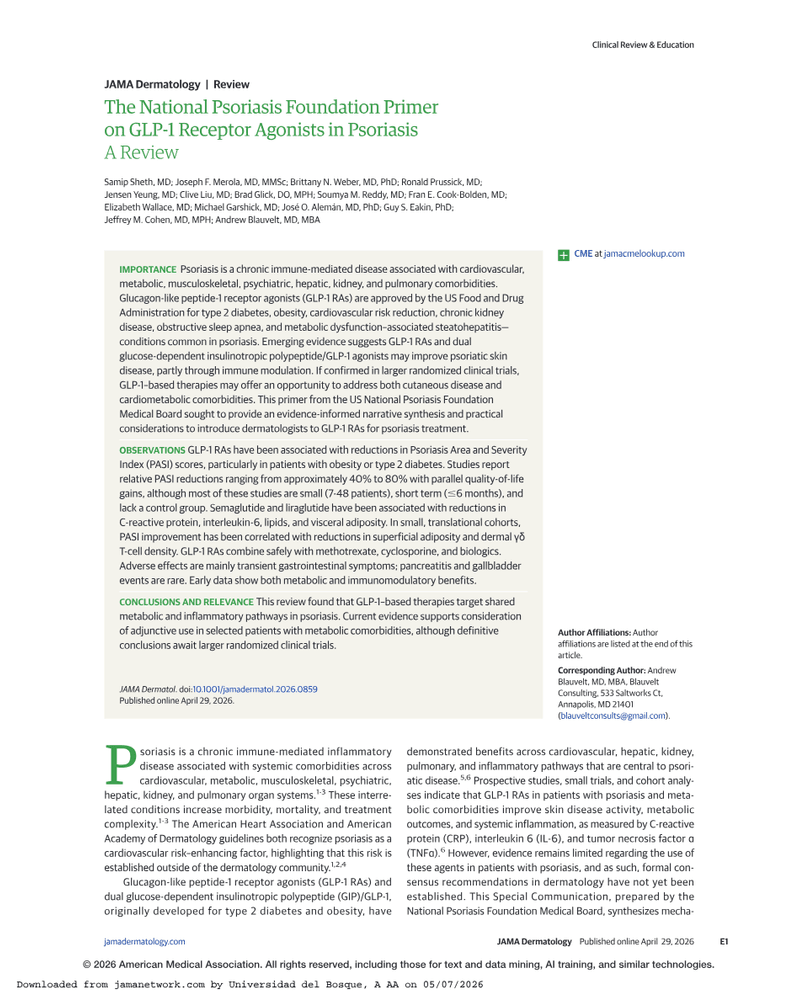 THE NATIONAL PSORIASIS FOUNDATION PRIMER ON GLP-1 RECEPTOR AGONISTS IN PSORIASIS cover