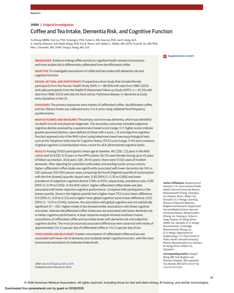 COFFEE AND TEA INTAKE, DEMENTIA RISK, AND COGNITIVE FUNCTION cover