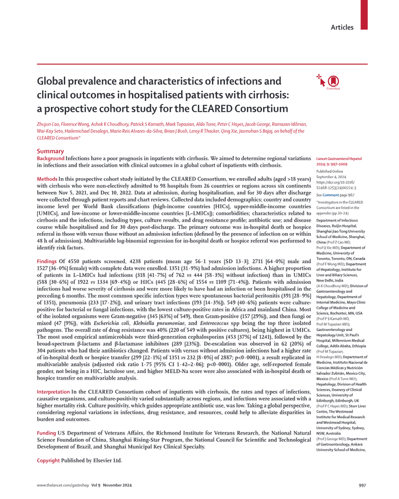 GLOBAL PREVALENCE AND CHARACTERISTICS OF INFECTIONS AND CLINICAL OUTCOMES IN HOSPITALISED PATIENTS WITH CIRRHOSIS: A PROSPECTIVE COHORT STUDY FOR THE CLEARED CONSORTIUM cover