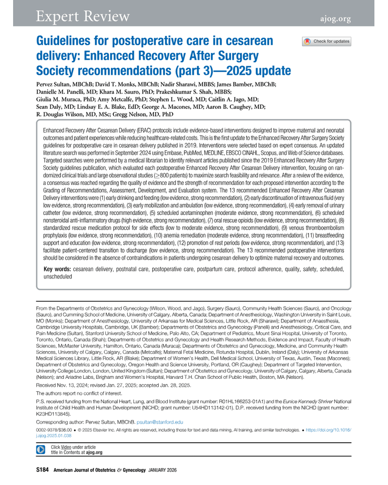 GUIDELINES FOR POSTOPERATIVE CARE IN CESAREAN DELIVERY: ENHANCED RECOVERY AFTER SURGERY SOCIETY RECOMMENDATIONS (PART 3)—2025 UPDATE cover