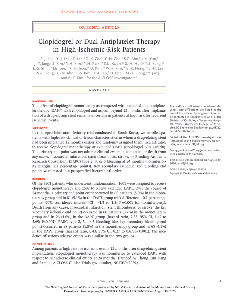 CLOPIDOGREL OR DUAL ANTIPLATELET THERAPY IN HIGH-ISCHEMIC-RISK PATIENTS cover