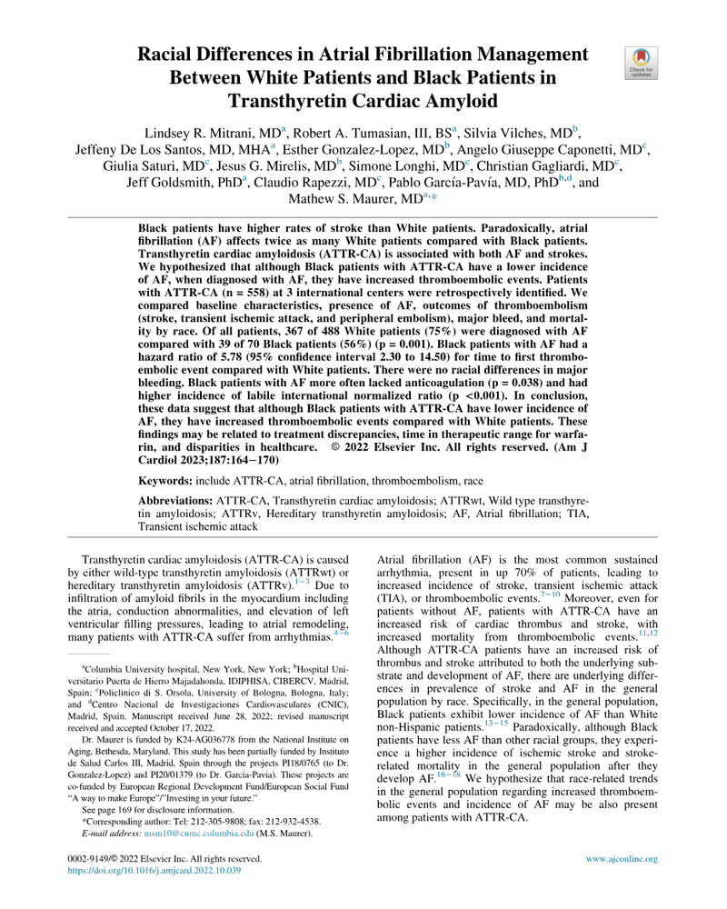 RACIAL DIFFERENCES IN ATRIAL FIBRILLATION MANAGEMENT BETWEEN WHITE PATIENTS AND BLACK PATIENTS IN TRANSTHYRETIN CARDIAC AMYLOID cover