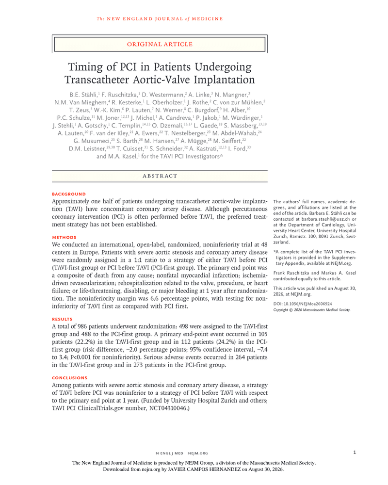 TIMING OF PCI IN PATIENTS UNDERGOING TRANSCATHETER AORTIC-VALVE IMPLANTATION cover
