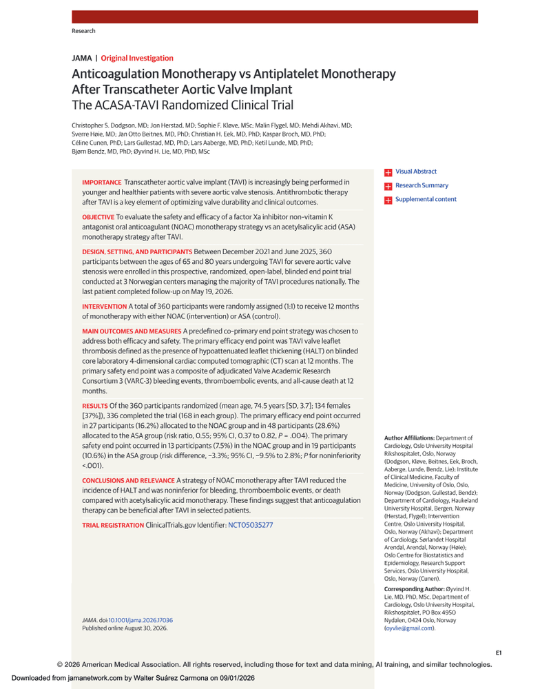 ANTICOAGULATION MONOTHERAPY VS ANTIPLATELET MONOTHERAPY AFTER TRANSCATHETER AORTIC VALVE IMPLANT cover