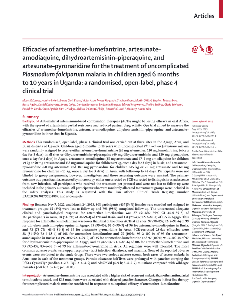 EFFICACIES OF ARTEMETHER–LUMEFANTRINE, ARTESUNATE–AMODIAQUINE, DIHYDROARTEMISININ–PIPERAPQUINE, AND ARTESUNATE–PYRONARIDINE FOR THE TREATMENT OF UNCOMPLICATED PLASMODIUM FALCIPARUM MALARIA IN CHILDREN AGED 6 MONTHS TO 10 YEARS IN UGANDA: A RANDOMISED, cover
