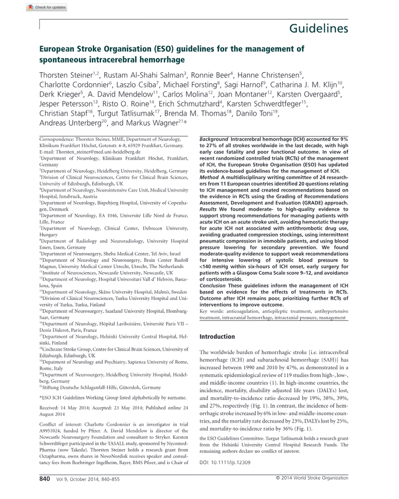 EUROPEAN STROKE ORGANISATION (ESO) GUIDELINES FOR THE MANAGEMENT OF SPONTANEOUS INTRACEREBRAL HEMORRHAGE cover