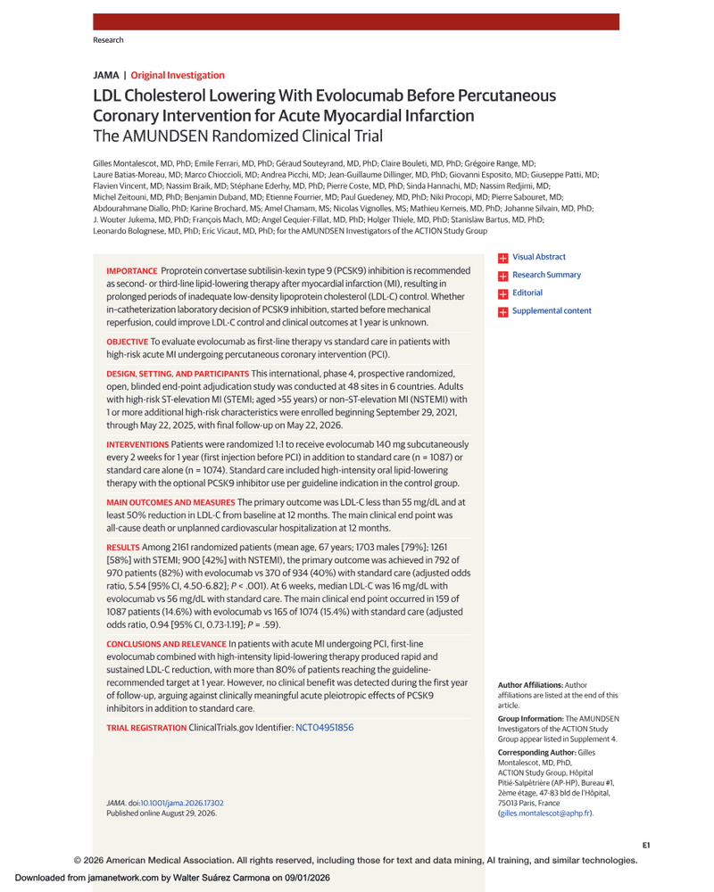 LDL CHOLESTEROL LOWERING WITH EVOLOCUMAB BEFORE PERCUTANEOUS CORONARY INTERVENTION FOR ACUTE MYOCARDIAL INFARCTION cover
