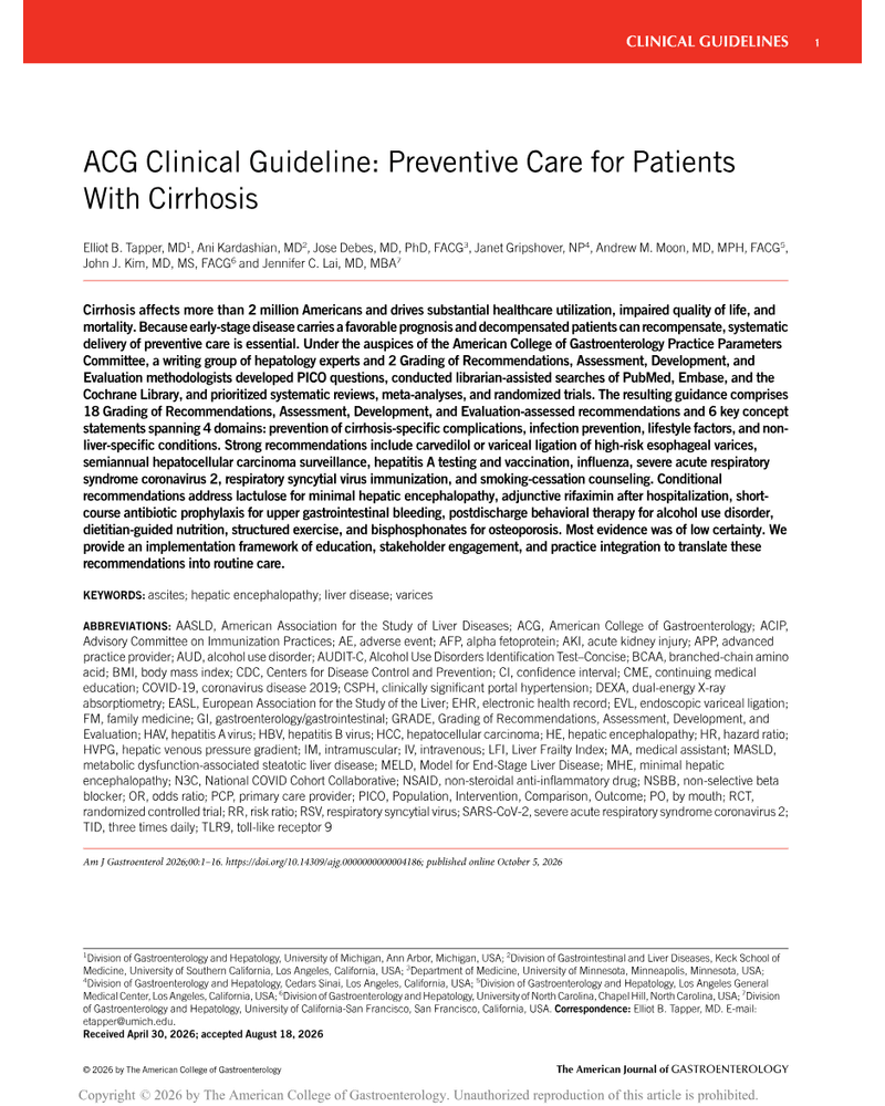 Acg Clinical Guideline Preventive Care For Patients With Cirrhosis cover